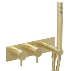 Just Taps Plu JTP Vos Brushed Brass Twin Outlet Thermostatic Shower Valve With Handset