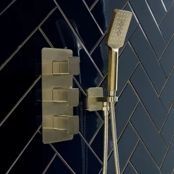 Just Taps Plu JTP Hix Brushed Brass Triple Outlet Thermostatic Concealed Shower Valve Vertical