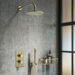 Arezzo Brushed Brass Round Modern Twin Concealed Shower Valve With Diverter -Aqualisa Shop azbbsvdnd3
