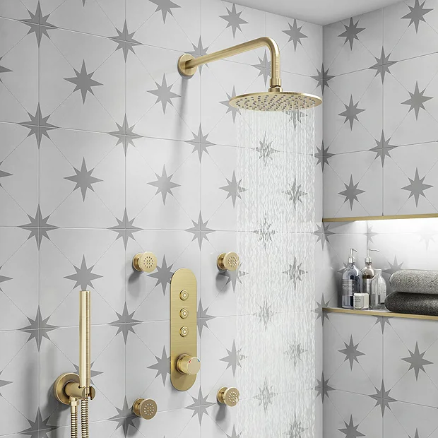 Arezzo Brushed Brass Industrial Style Push Button Shower Valve With Diverter, Handset, Fixed Shower Head + 4 Body Jets 4 Arezzo Brushed Brass Industrial Style Push Button Shower Valve With Diverter, Handset, Fixed Shower Head + 4 Body Jets - Image 2