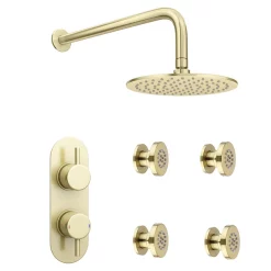 Arezzo Brushed Brass Round Shower System W. Diverter, Fixed Head + 4 Body Jets (Oval Backplate) -Aqualisa Shop azrdsv4bjbbr d3