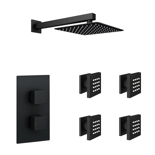 Arezzo Matt Black Square Shower System With Diverter, Fixed Shower Head + 4 Body Jets 3 Arezzo Matt Black Square Shower System With Diverter, Fixed Shower Head + 4 Body Jets