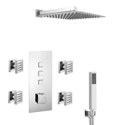 Milan Bathroom Milan Square Push-Button Shower Valve Pack With Handset, 4 Body Jets + Shower Head