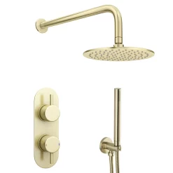 Arezzo Brushed Brass Round Thermostatic Shower Pack With Head + Handset (Oval Backplate) -Aqualisa Shop rd4bbpkr d4