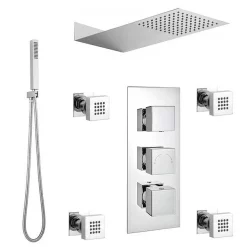 Victorian Plumbing Modern Square Triple Valve With Diverter, Thin Fixed Shower Head, 4 Body Jets + Handset -Aqualisa Shop sqsp1 d1