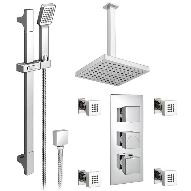 Victorian Plumbing Modern Square Triple Valve With Diverter, Ceiling Mounted Square Shower Head, 4 Body Jets + Slider 4 Victorian Plumbing Modern Square Triple Valve With Diverter, Ceiling Mounted Square Shower Head, 4 Body Jets + Slider - Image 2