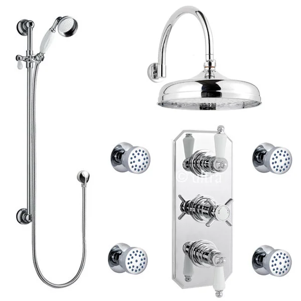 Victorian Plumbing Traditional Triple Concealed Valve With Diverter, 12" Shower Head, Curved Arm, 4 Body Jets & Slider 4 Victorian Plumbing Traditional Triple Concealed Valve With Diverter, 12" Shower Head, Curved Arm, 4 Body Jets & Slider - Image 2
